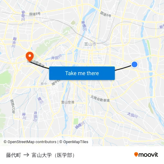 藤代町 to 富山大学（医学部） map