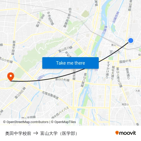 奥田中学校前 to 富山大学（医学部） map