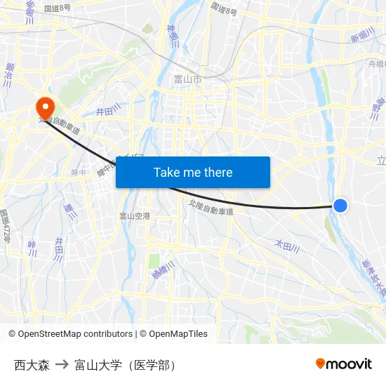 西大森 to 富山大学（医学部） map