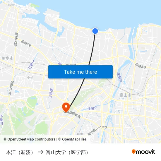 本江（新湊） to 富山大学（医学部） map