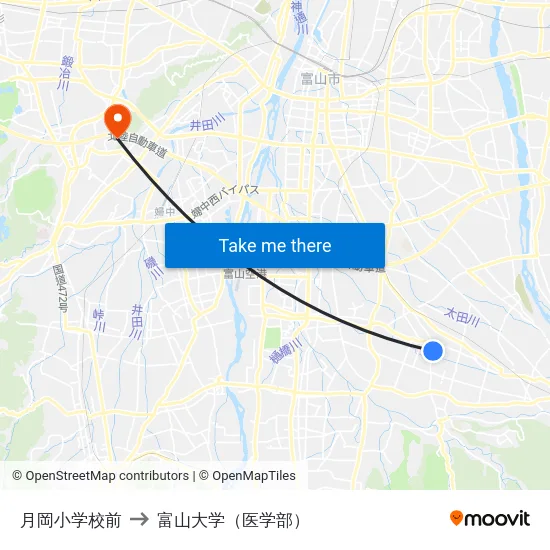 月岡小学校前 to 富山大学（医学部） map