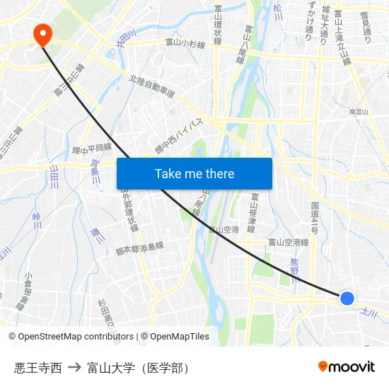悪王寺西 to 富山大学（医学部） map