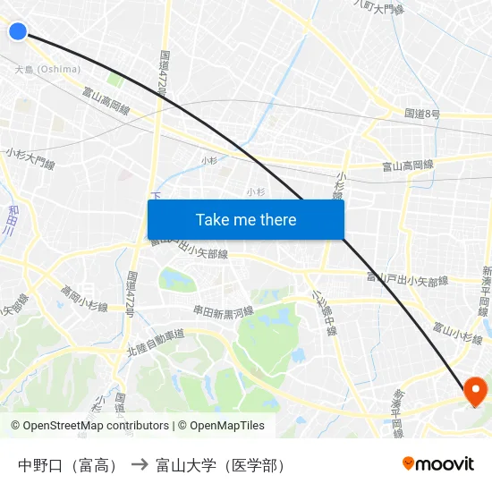 中野口（富高） to 富山大学（医学部） map