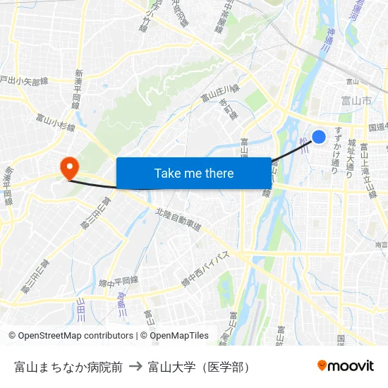 富山まちなか病院前 to 富山大学（医学部） map