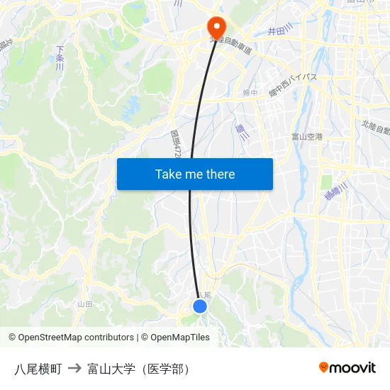 八尾横町 to 富山大学（医学部） map