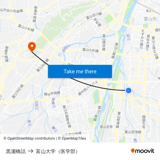黒瀬橋詰 to 富山大学（医学部） map