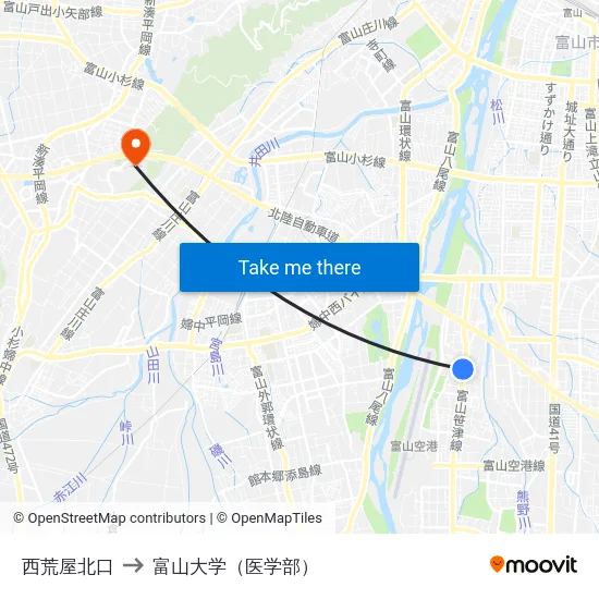 西荒屋北口 to 富山大学（医学部） map