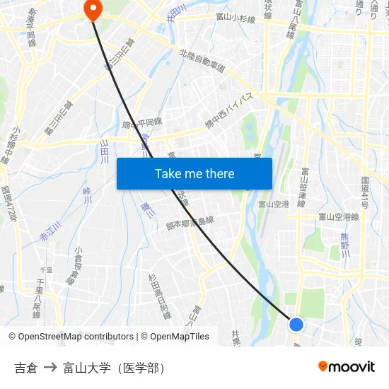 吉倉 to 富山大学（医学部） map
