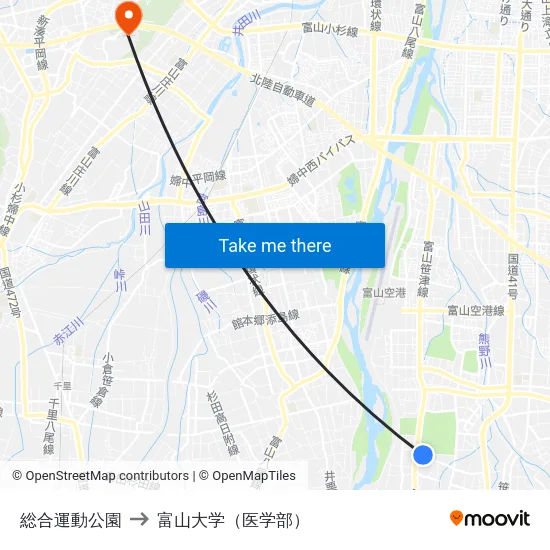 総合運動公園 to 富山大学（医学部） map