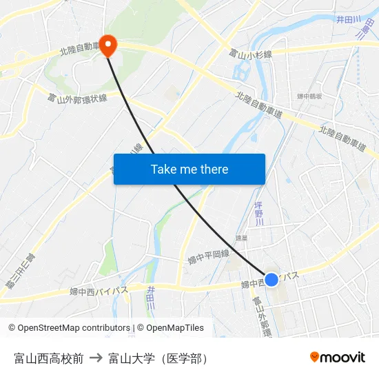 富山西高校前 to 富山大学（医学部） map