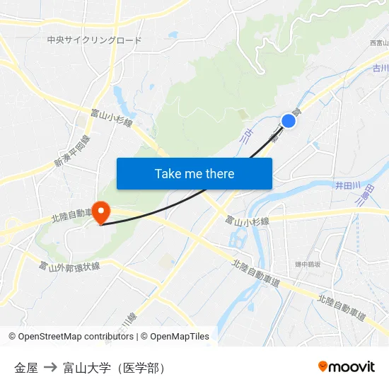 金屋 to 富山大学（医学部） map