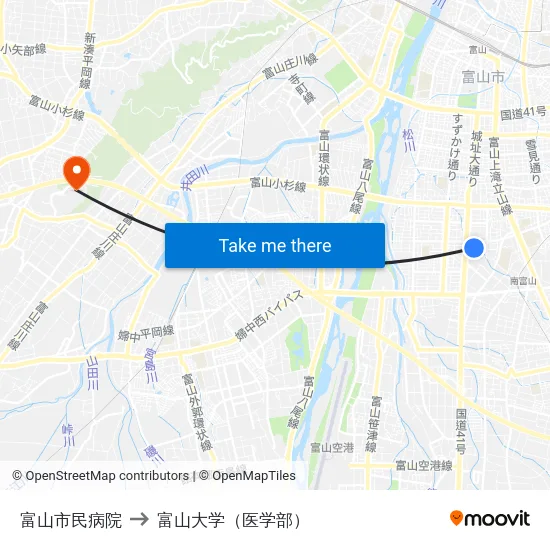 富山市民病院 to 富山大学（医学部） map