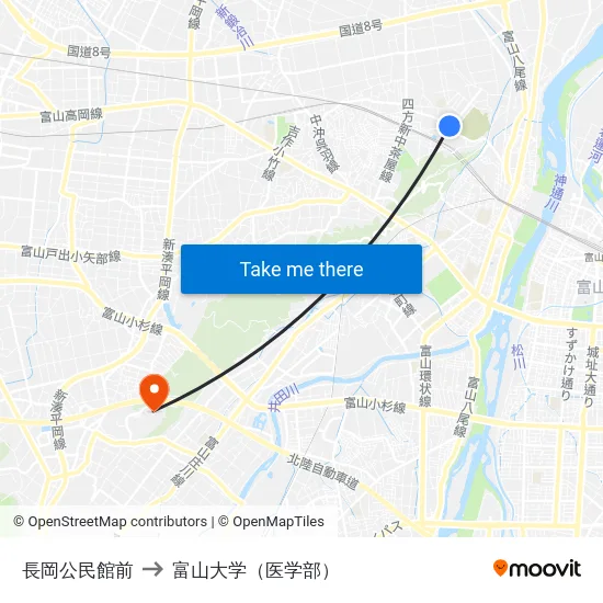 長岡公民館前 to 富山大学（医学部） map