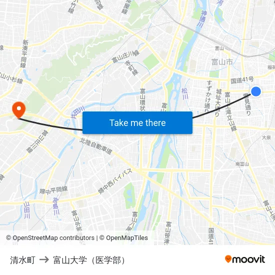 清水町 to 富山大学（医学部） map