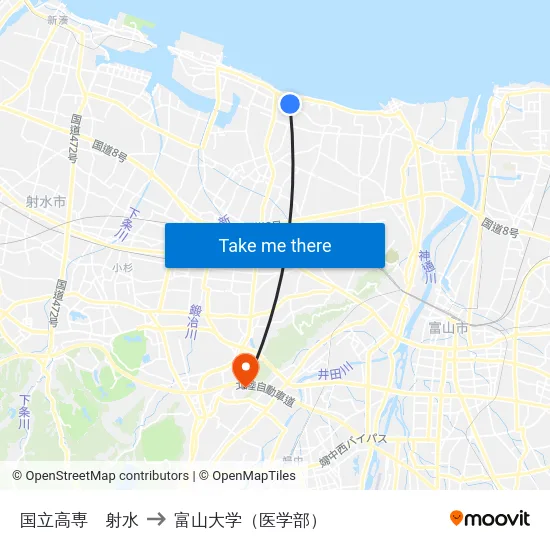 国立高専　射水 to 富山大学（医学部） map