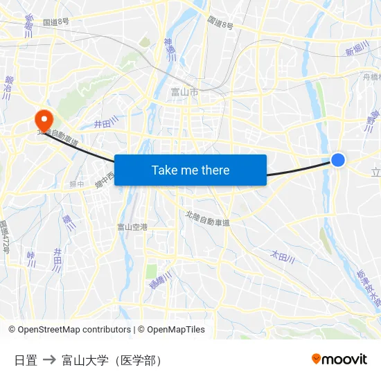 日置 to 富山大学（医学部） map