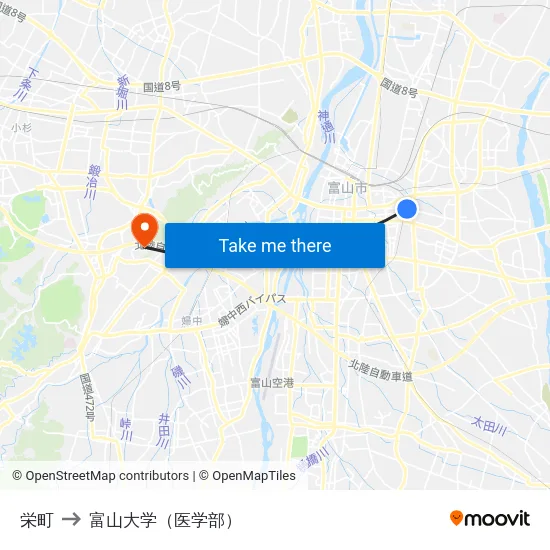 栄町 to 富山大学（医学部） map
