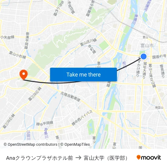 Anaクラウンプラザホテル前 to 富山大学（医学部） map