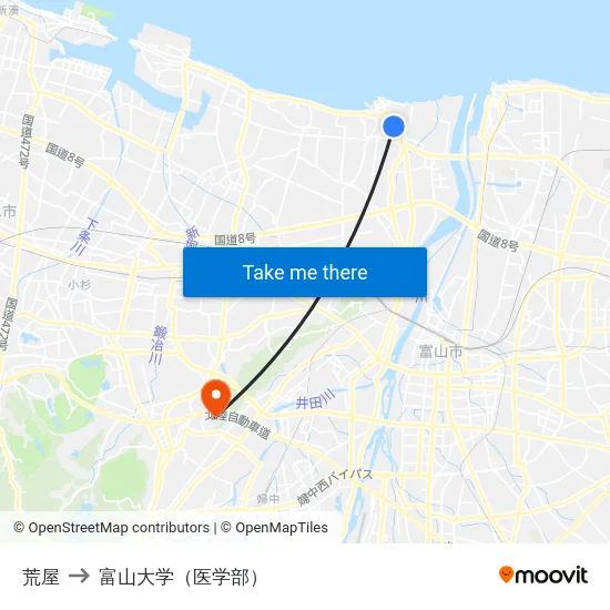 荒屋 to 富山大学（医学部） map