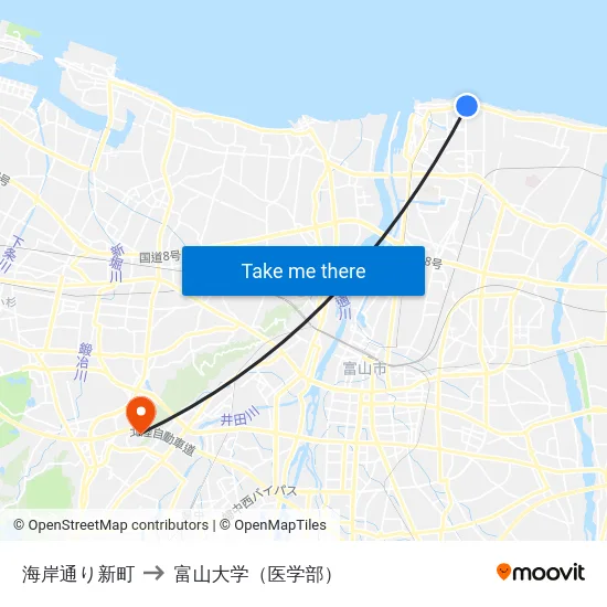 海岸通り新町 to 富山大学（医学部） map