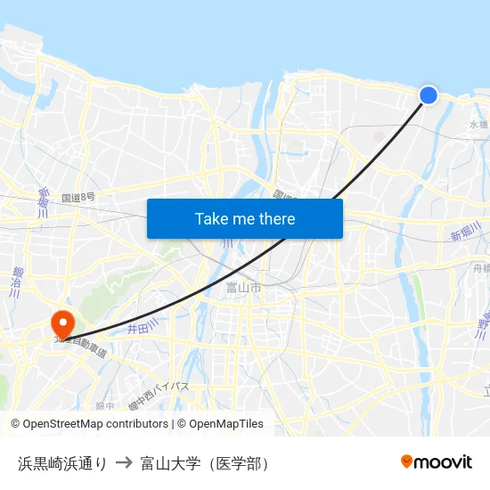 浜黒崎浜通り to 富山大学（医学部） map