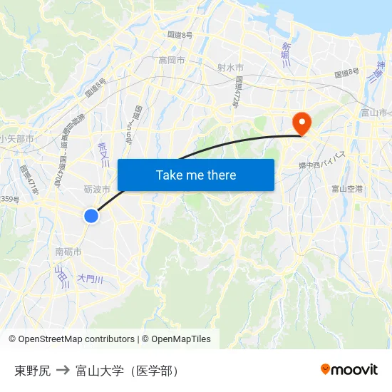 東野尻 to 富山大学（医学部） map
