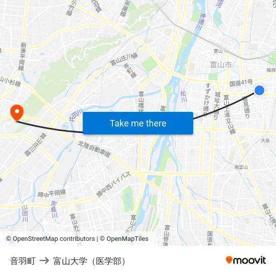 音羽町 to 富山大学（医学部） map