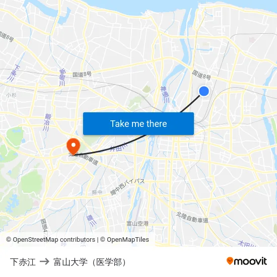 下赤江 to 富山大学（医学部） map