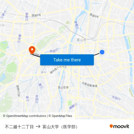 不二越十二丁目 to 富山大学（医学部） map