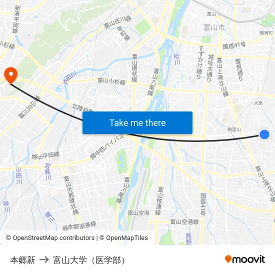 本郷新 to 富山大学（医学部） map