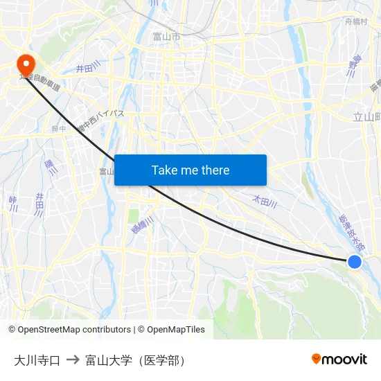大川寺口 to 富山大学（医学部） map