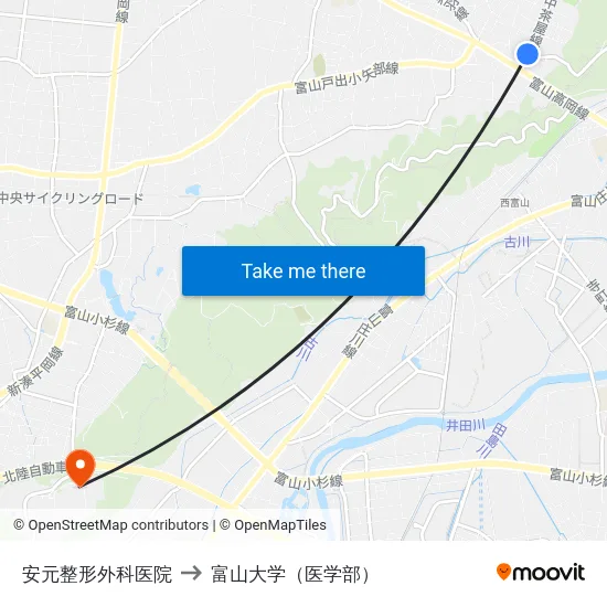 安元整形外科医院 to 富山大学（医学部） map