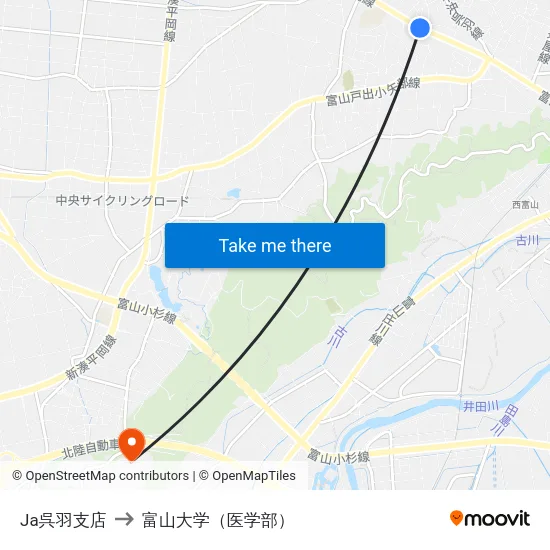 Ja呉羽支店 to 富山大学（医学部） map