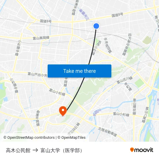 高木公民館 to 富山大学（医学部） map