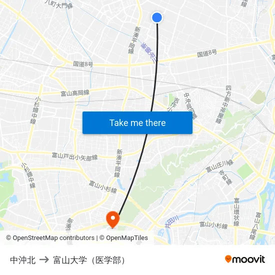中沖北 to 富山大学（医学部） map