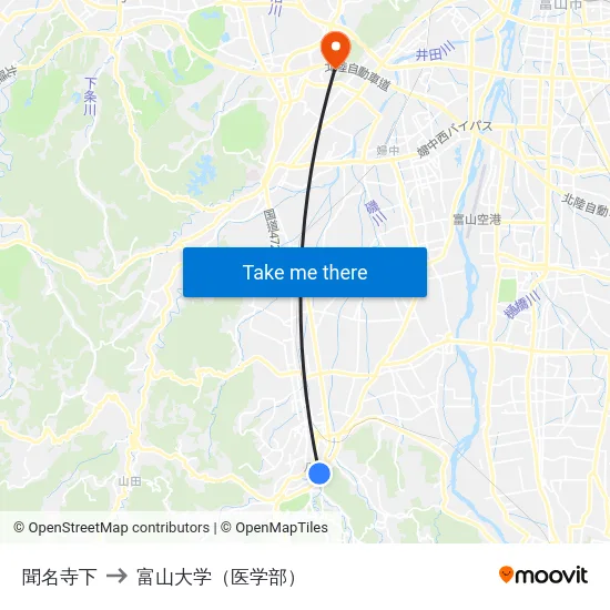 聞名寺下 to 富山大学（医学部） map