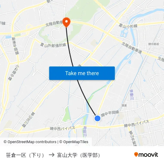 笹倉一区（下り） to 富山大学（医学部） map