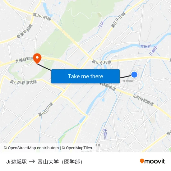 Jr鵜坂駅 to 富山大学（医学部） map
