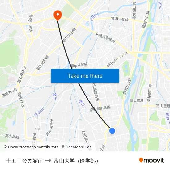 十五丁公民館前 to 富山大学（医学部） map