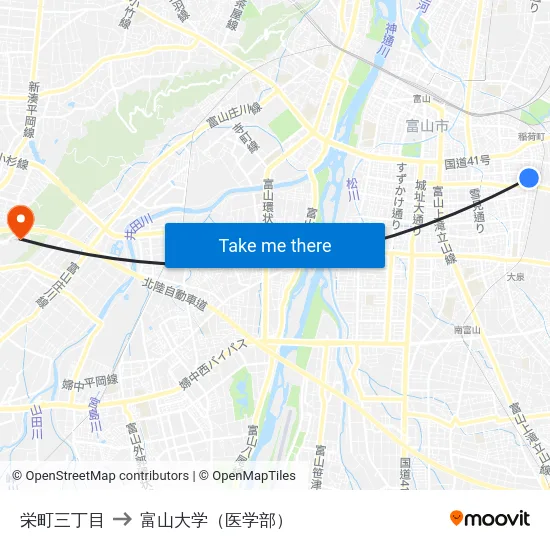 栄町三丁目 to 富山大学（医学部） map