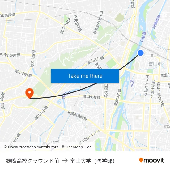 雄峰高校グラウンド前 to 富山大学（医学部） map