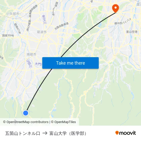 五箇山トンネル口 to 富山大学（医学部） map