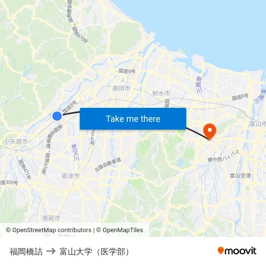 福岡橋詰 to 富山大学（医学部） map