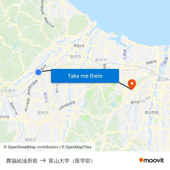 農協給油所前 to 富山大学（医学部） map