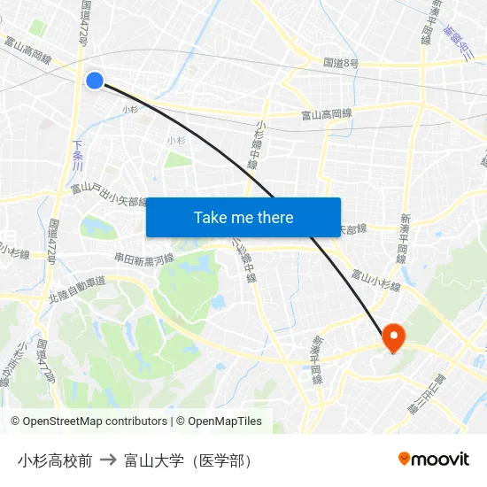 小杉高校前 to 富山大学（医学部） map