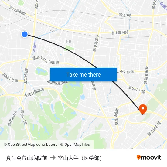 真生会富山病院前 to 富山大学（医学部） map