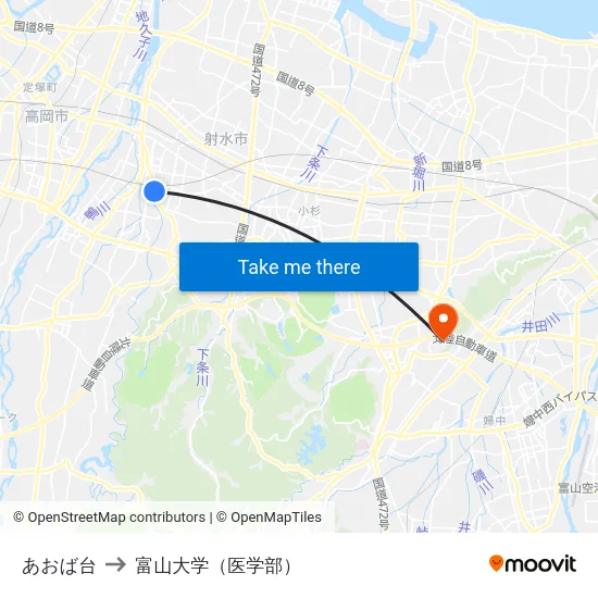 あおば台 to 富山大学（医学部） map