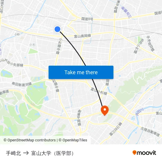 手崎北 to 富山大学（医学部） map