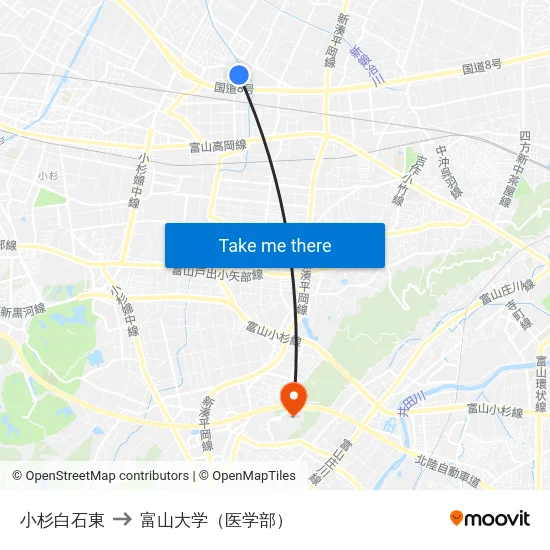 小杉白石東 to 富山大学（医学部） map