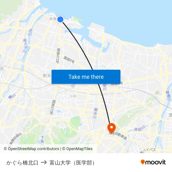 かぐら橋北口 to 富山大学（医学部） map
